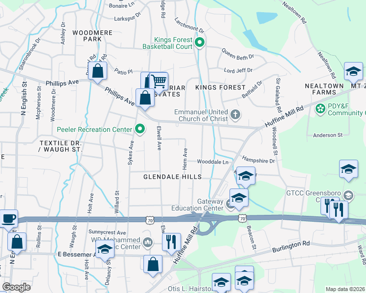 map of restaurants, bars, coffee shops, grocery stores, and more near 1126 Hern Avenue in Greensboro