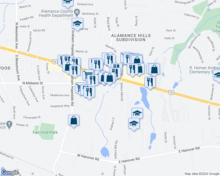 map of restaurants, bars, coffee shops, grocery stores, and more near 2143 North Church Street in Burlington