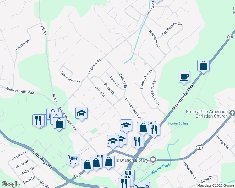 map of restaurants, bars, coffee shops, grocery stores, and more near 7502 Popen Drive in Knoxville