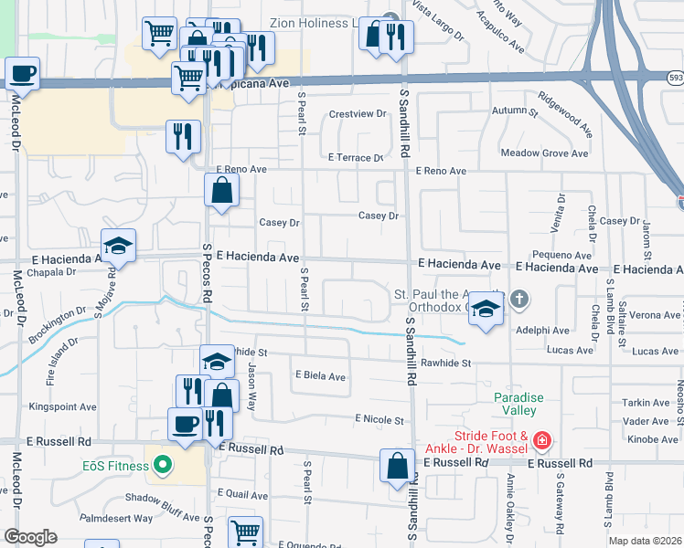 map of restaurants, bars, coffee shops, grocery stores, and more near 3676 North Braewood Avenue in Las Vegas
