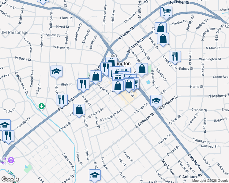 map of restaurants, bars, coffee shops, grocery stores, and more near 445 North Main Street in Burlington
