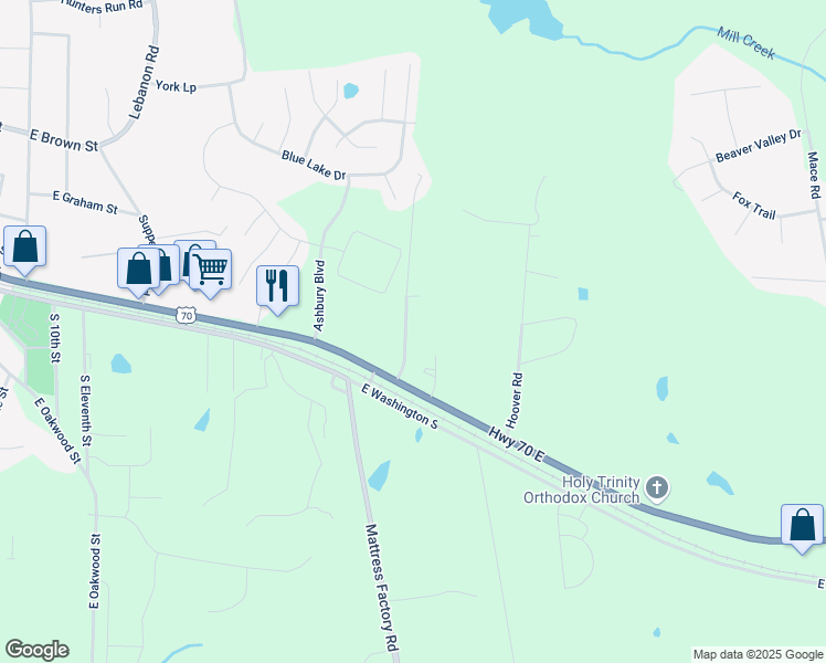 map of restaurants, bars, coffee shops, grocery stores, and more near 121 McBane Store Road in Mebane