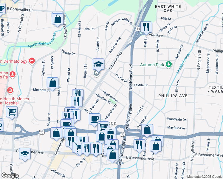 map of restaurants, bars, coffee shops, grocery stores, and more near 1320 Woodside Drive in Greensboro