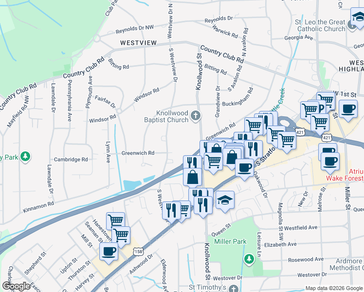 map of restaurants, bars, coffee shops, grocery stores, and more near 371 South Westview Drive in Winston-Salem