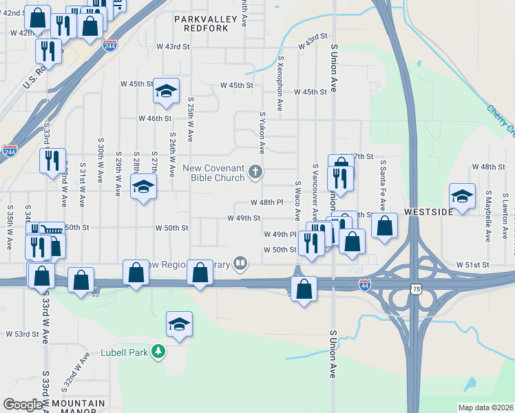 map of restaurants, bars, coffee shops, grocery stores, and more near 2110 West 48th Place in Tulsa