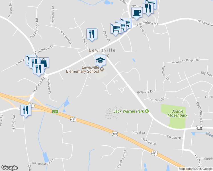 map of restaurants, bars, coffee shops, grocery stores, and more near 612 Brookway West Court in Lewisville