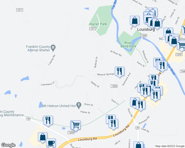map of restaurants, bars, coffee shops, grocery stores, and more near 303 Mineral Springs Road in Louisburg