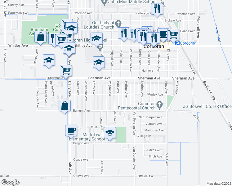 map of restaurants, bars, coffee shops, grocery stores, and more near 1528 Hale Avenue in Corcoran