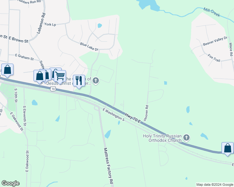 map of restaurants, bars, coffee shops, grocery stores, and more near 121 McBane Store Road in Mebane