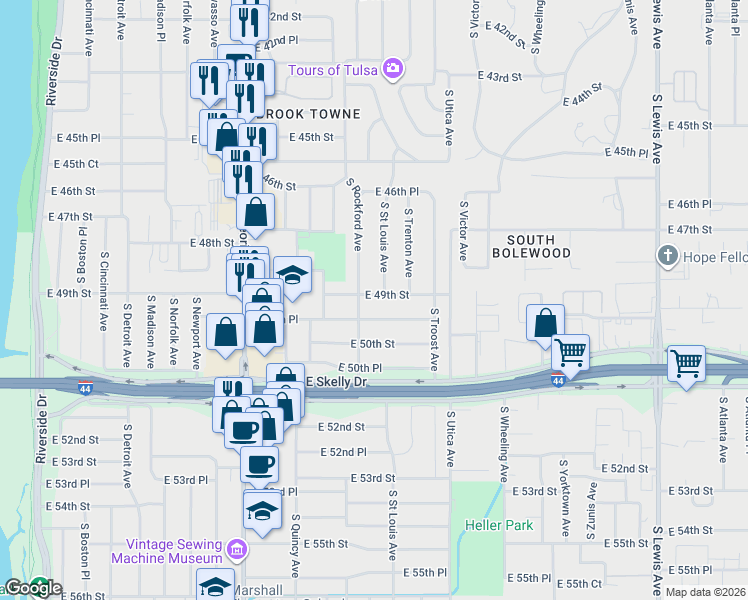 map of restaurants, bars, coffee shops, grocery stores, and more near 1519 East 49th Street in Tulsa