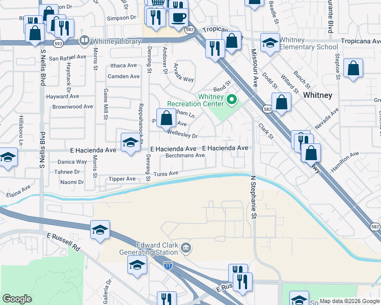map of restaurants, bars, coffee shops, grocery stores, and more near 5556 Berchmans Avenue in Las Vegas