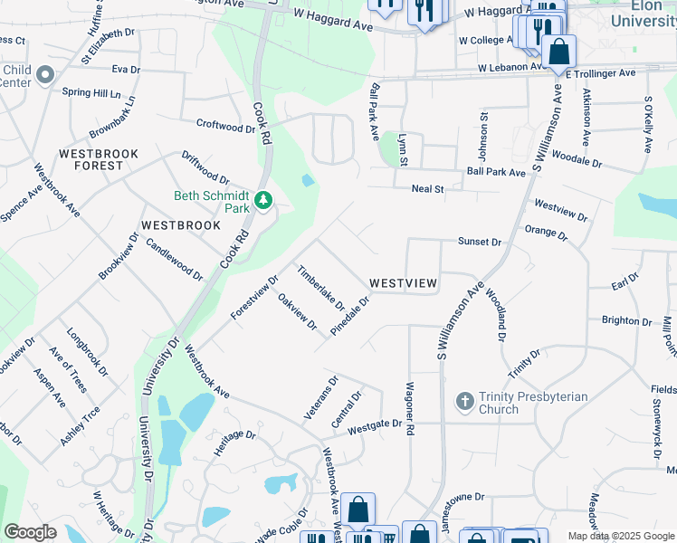 map of restaurants, bars, coffee shops, grocery stores, and more near 408 Courtland Drive in Elon