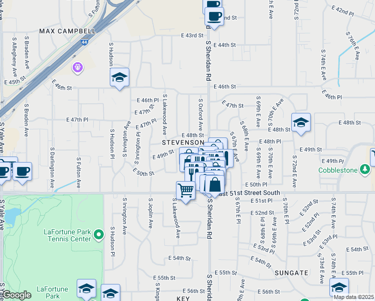 map of restaurants, bars, coffee shops, grocery stores, and more near 6207 East 49th Street in Tulsa