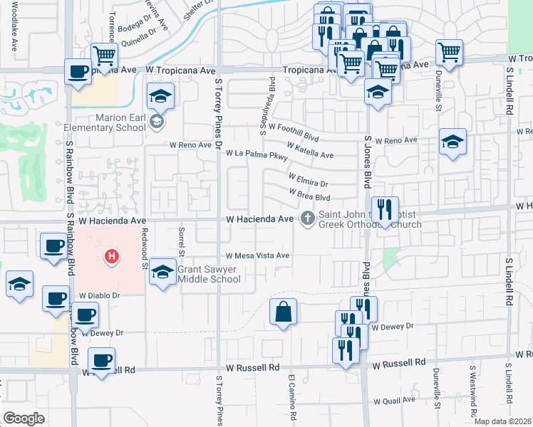 map of restaurants, bars, coffee shops, grocery stores, and more near 5261 South Sepulveda Boulevard in Las Vegas