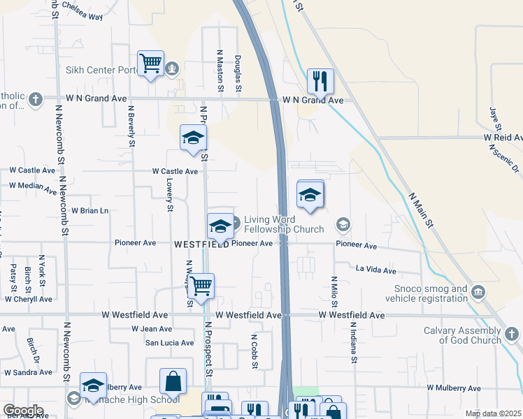 map of restaurants, bars, coffee shops, grocery stores, and more near 1496 North Cobb Street in Porterville