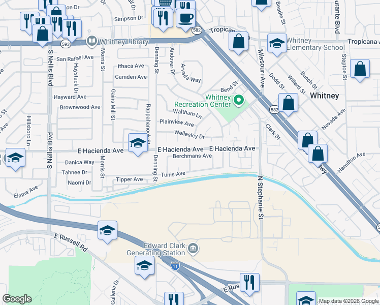 map of restaurants, bars, coffee shops, grocery stores, and more near 5556 Berchmans Avenue in Las Vegas
