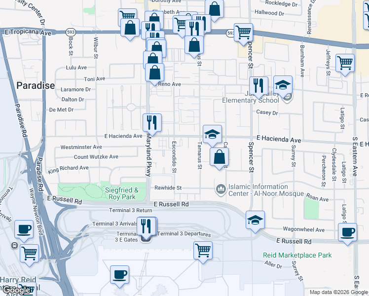 map of restaurants, bars, coffee shops, grocery stores, and more near in Paradise