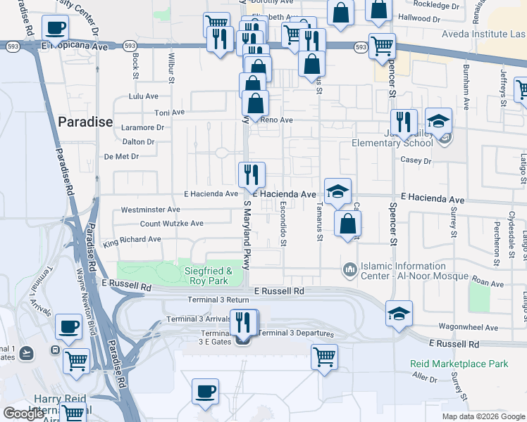 map of restaurants, bars, coffee shops, grocery stores, and more near 5336 Mancos Court in Las Vegas
