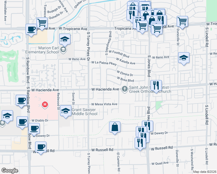 map of restaurants, bars, coffee shops, grocery stores, and more near 5261 South Sepulveda Boulevard in Las Vegas