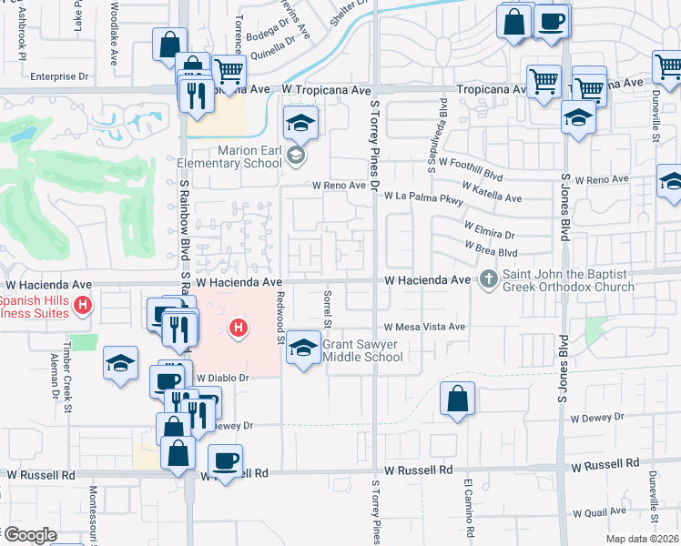 map of restaurants, bars, coffee shops, grocery stores, and more near 5201 South Torrey Pines Drive in Las Vegas