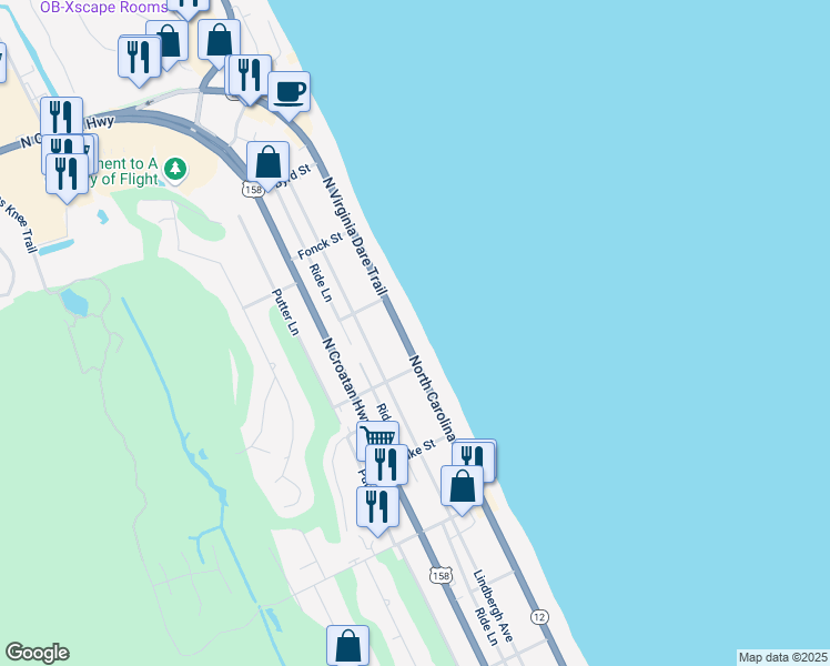 map of restaurants, bars, coffee shops, grocery stores, and more near 4915 N Va Dare Trail in Kitty Hawk