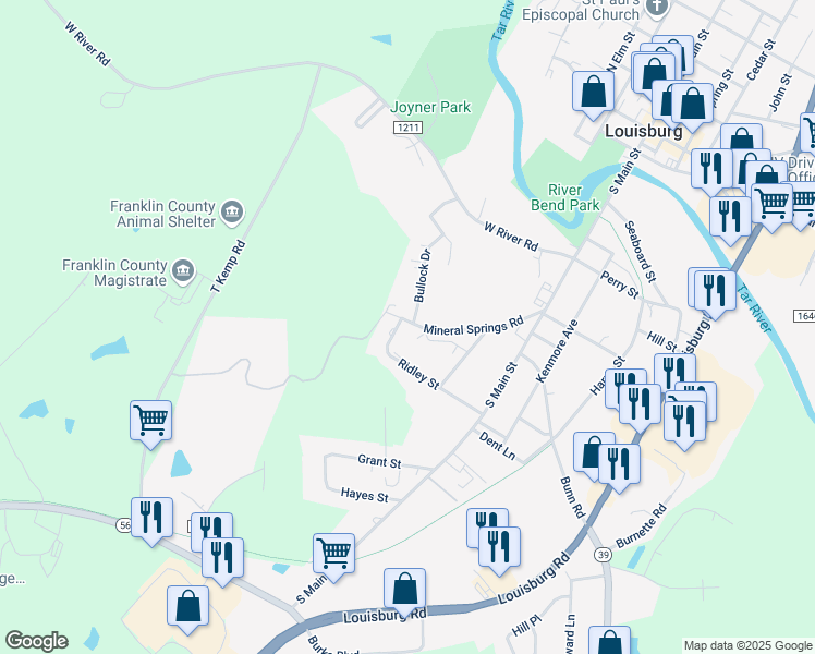 map of restaurants, bars, coffee shops, grocery stores, and more near 301 Mineral Springs Road in Louisburg
