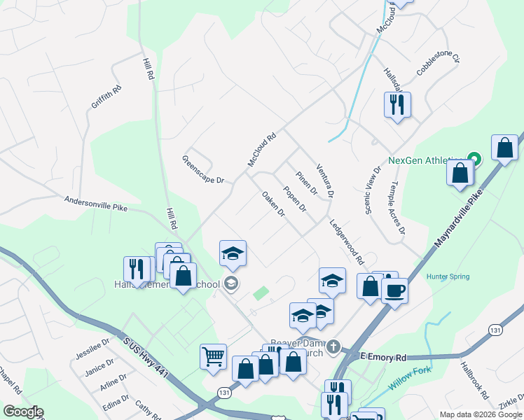 map of restaurants, bars, coffee shops, grocery stores, and more near 4321 Furen Road in Knoxville