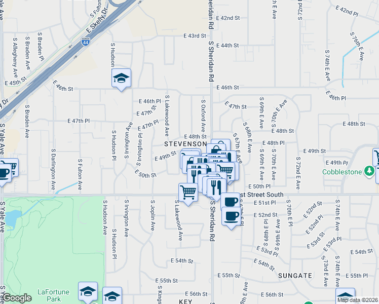 map of restaurants, bars, coffee shops, grocery stores, and more near 6207 East 49th Street in Tulsa