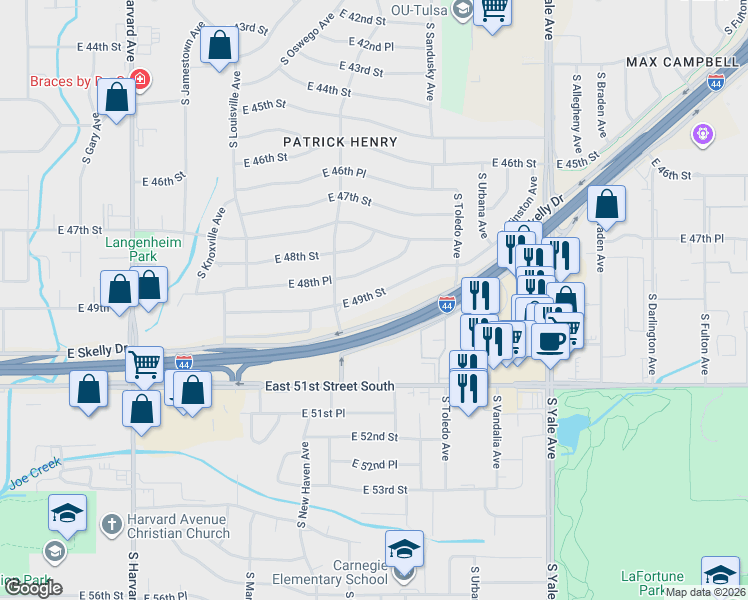 map of restaurants, bars, coffee shops, grocery stores, and more near 4148 East 49th Street in Tulsa