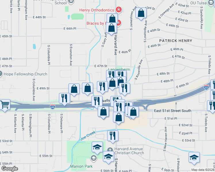 map of restaurants, bars, coffee shops, grocery stores, and more near 3167 East 49th Street in Tulsa