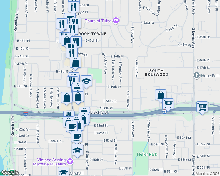 map of restaurants, bars, coffee shops, grocery stores, and more near 1519 East 49th Street in Tulsa