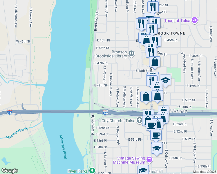 map of restaurants, bars, coffee shops, grocery stores, and more near 4902 South Cincinnati Avenue in Tulsa