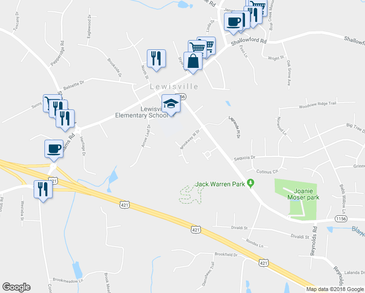 map of restaurants, bars, coffee shops, grocery stores, and more near 332 Brookway West Drive in Lewisville