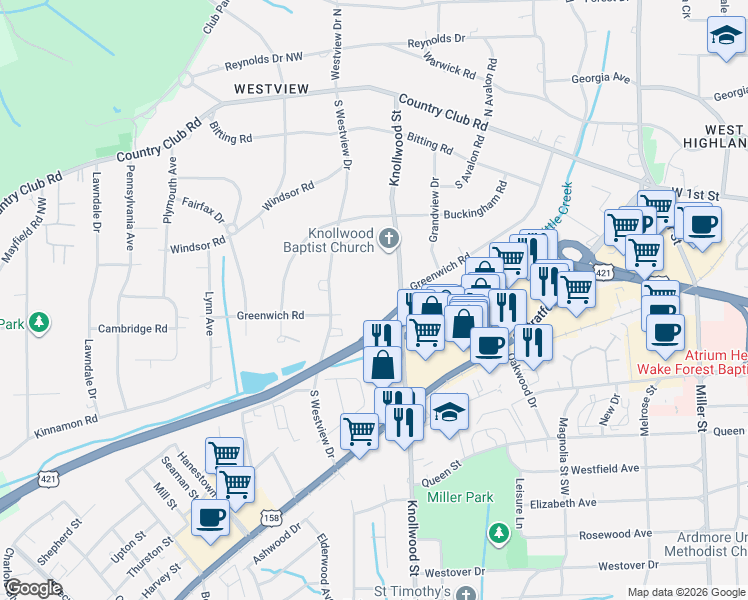 map of restaurants, bars, coffee shops, grocery stores, and more near 320 Hanover Arms Court in Winston-Salem