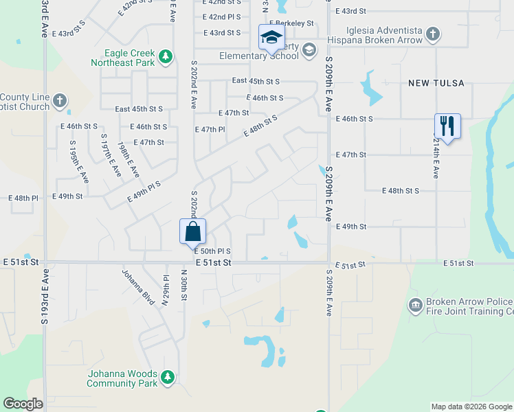 map of restaurants, bars, coffee shops, grocery stores, and more near 3417 East Sandusky Street in Broken Arrow