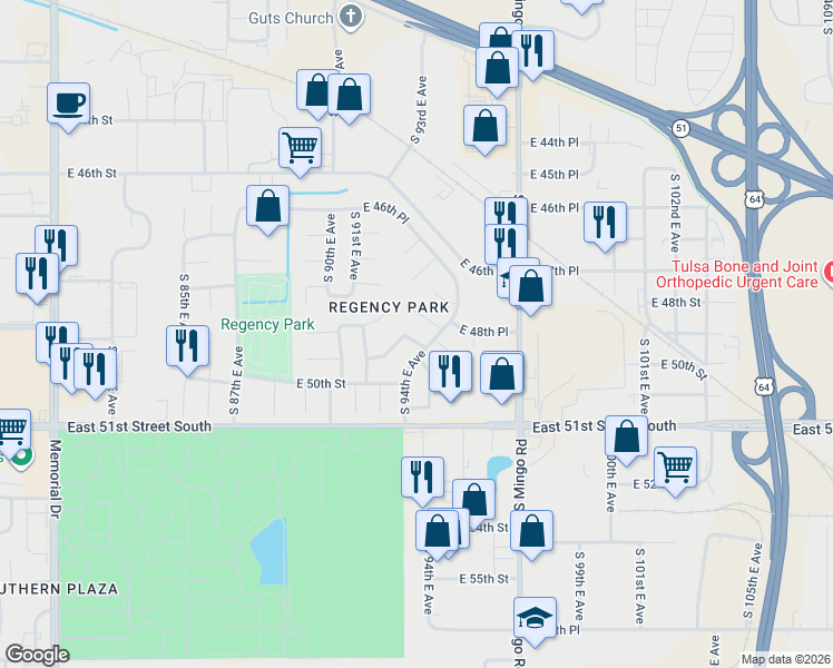 map of restaurants, bars, coffee shops, grocery stores, and more near 9153 East 49th Place in Tulsa