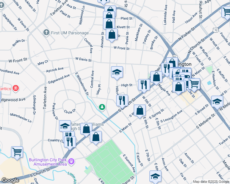 map of restaurants, bars, coffee shops, grocery stores, and more near 404 Hillcrest Avenue in Burlington