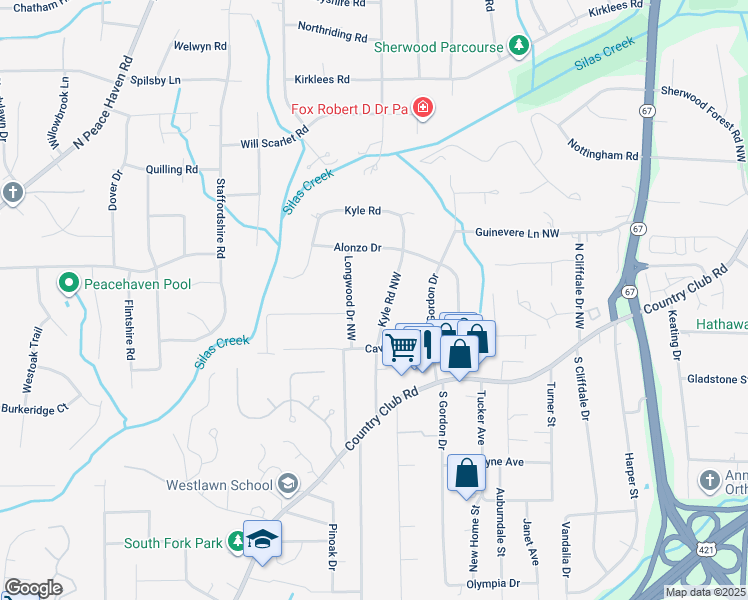 map of restaurants, bars, coffee shops, grocery stores, and more near 214 Kyle Road in Winston-Salem