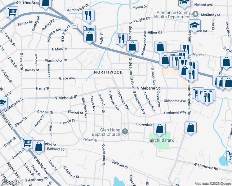 map of restaurants, bars, coffee shops, grocery stores, and more near 507 Piedmont Way in Burlington