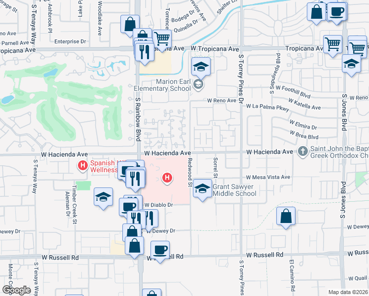 map of restaurants, bars, coffee shops, grocery stores, and more near 5250 South Rainbow Boulevard in Las Vegas