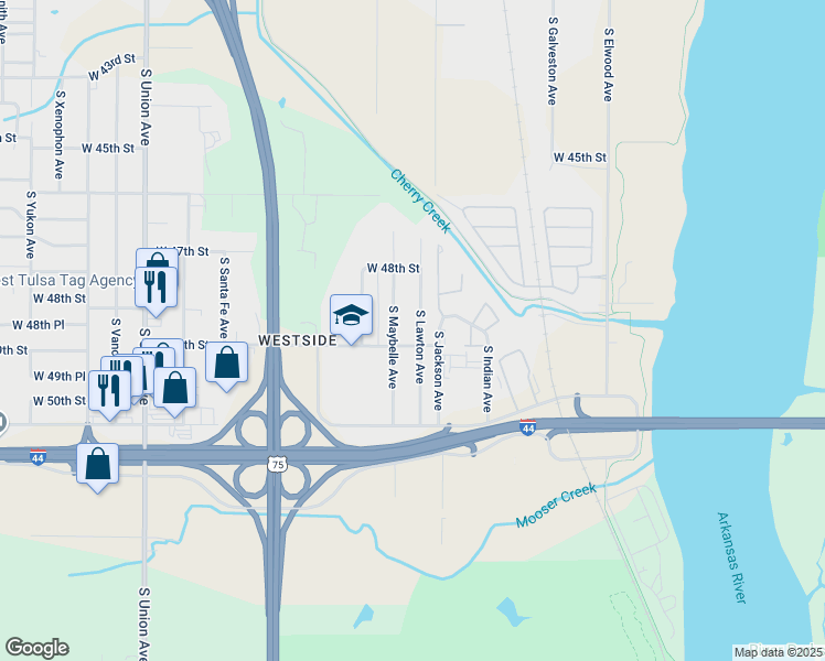 map of restaurants, bars, coffee shops, grocery stores, and more near 4849 South Maybelle Avenue in Tulsa