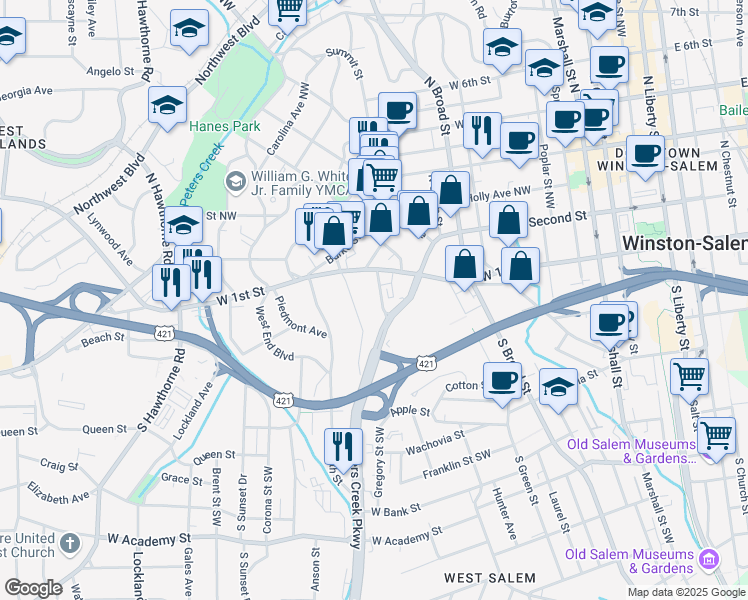 map of restaurants, bars, coffee shops, grocery stores, and more near 165 Park Circle in Winston-Salem