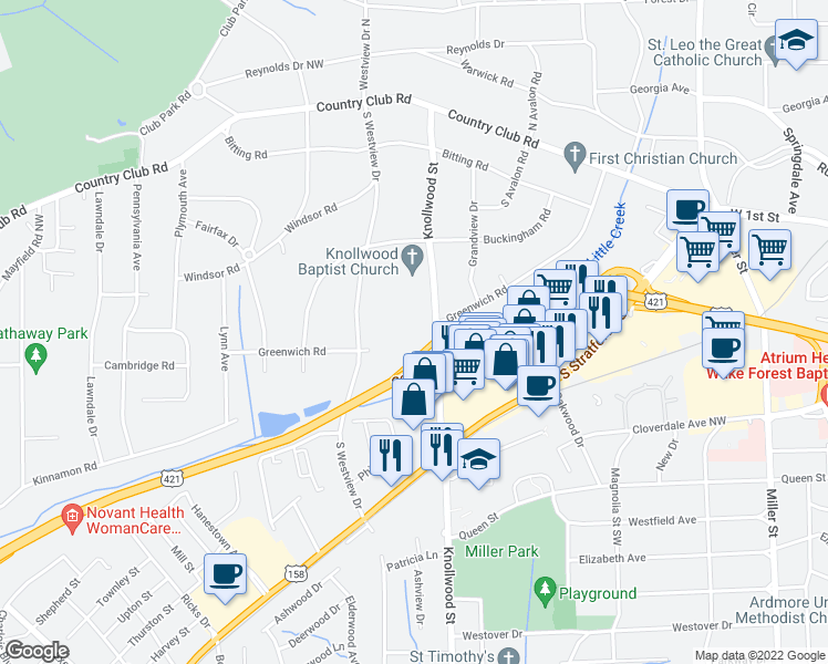 map of restaurants, bars, coffee shops, grocery stores, and more near 323 Hanover Arms Court in Winston-Salem