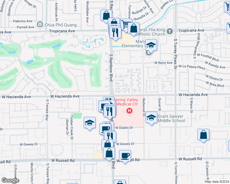 map of restaurants, bars, coffee shops, grocery stores, and more near 5250 South Rainbow Boulevard in Las Vegas