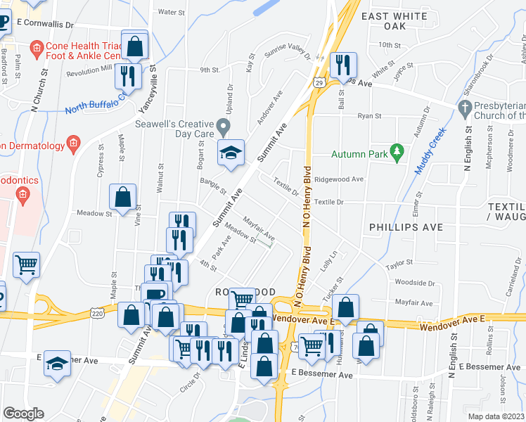 map of restaurants, bars, coffee shops, grocery stores, and more near 1320 Woodside Drive in Greensboro