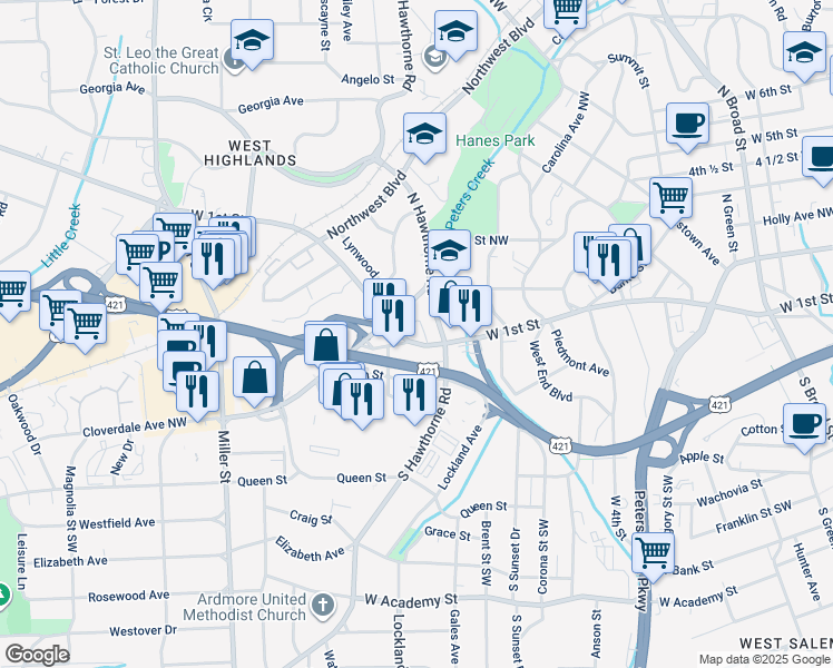 map of restaurants, bars, coffee shops, grocery stores, and more near 1523 West 1st Street in Winston-Salem