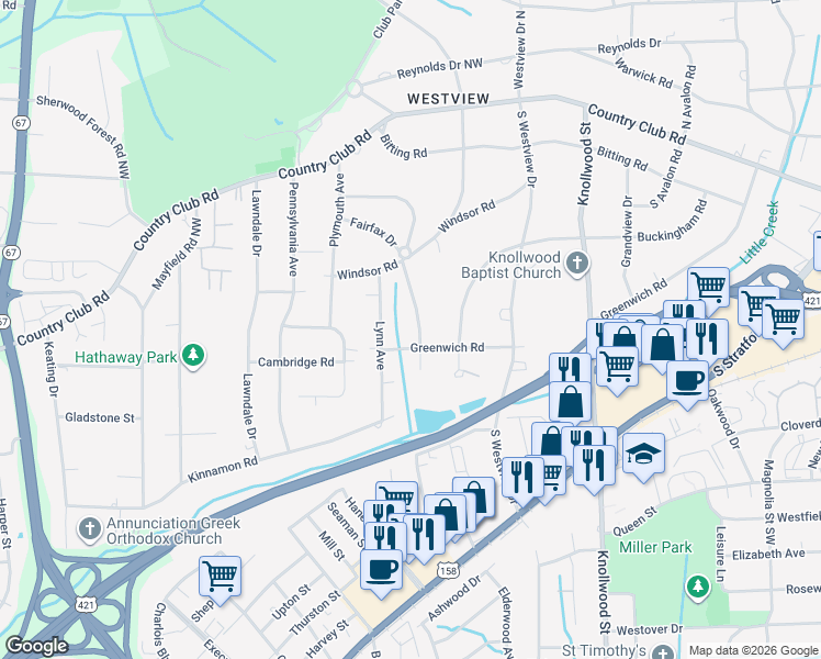 map of restaurants, bars, coffee shops, grocery stores, and more near 356 Fairfax Drive in Winston-Salem
