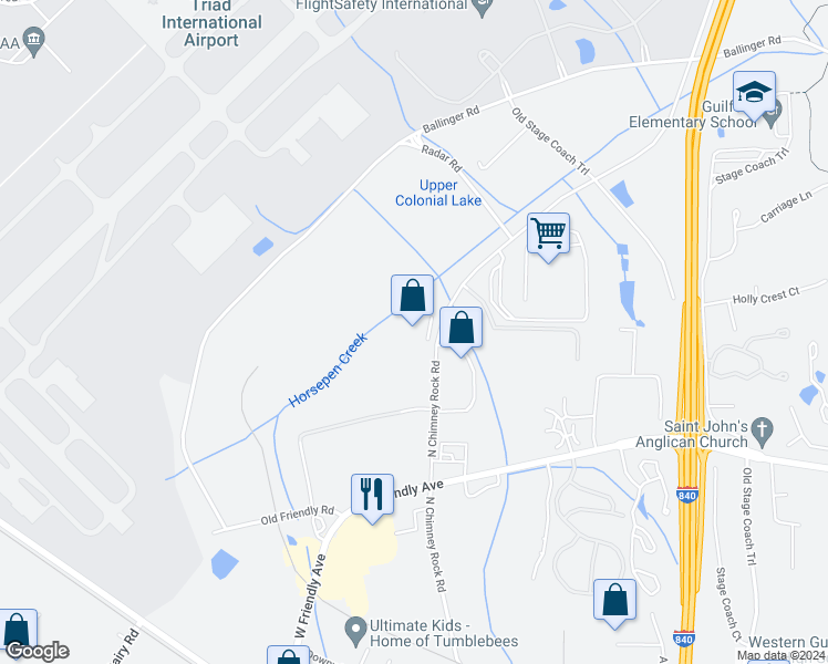 map of restaurants, bars, coffee shops, grocery stores, and more near 441 North Chimney Rock Road in Greensboro