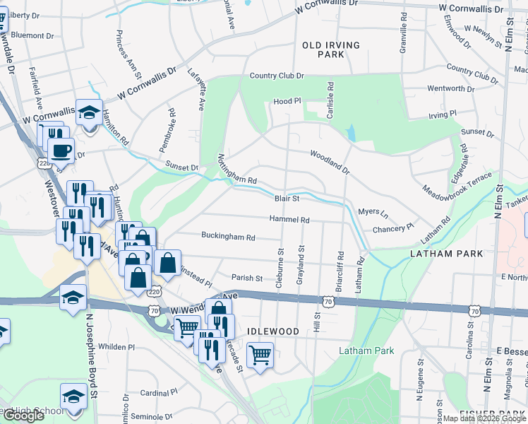 map of restaurants, bars, coffee shops, grocery stores, and more near 1106 Hammel Road in Greensboro