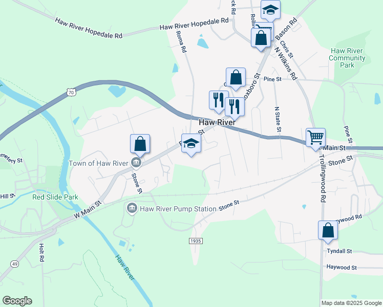 map of restaurants, bars, coffee shops, grocery stores, and more near 701 East Main Street in Haw River